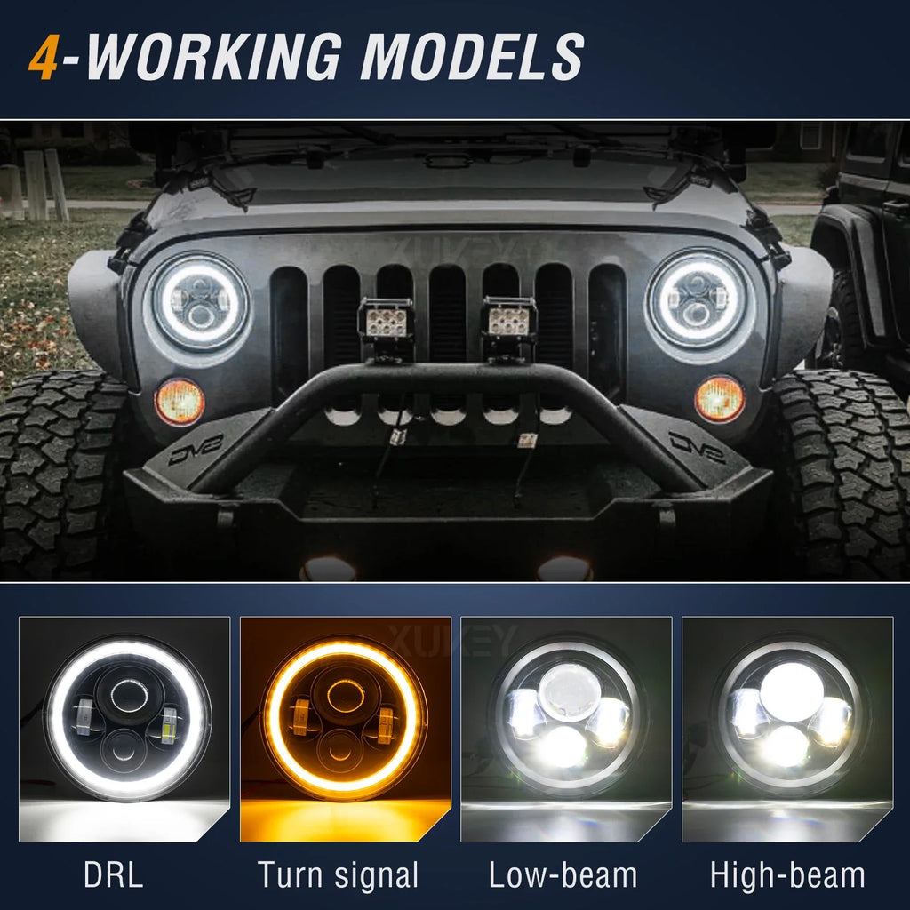 7inch Angel Eyes H4 Led Headlight For Lada Niva 4X4 Uaz Hunter Hummer H1 H2 Wrangler Daytime Running Lights DRL Amber Halo Rings