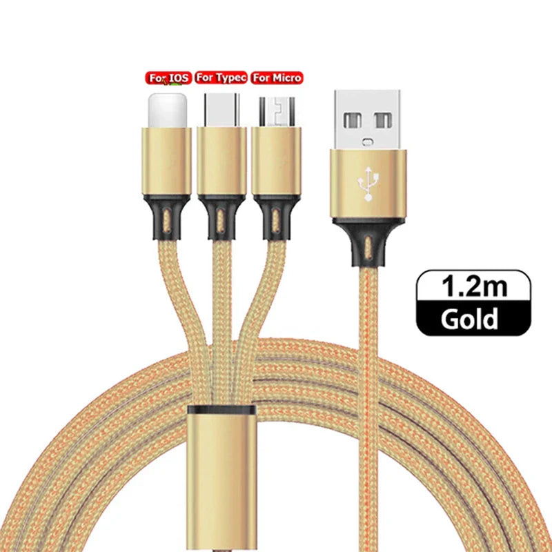 3 In 1 USB Charger Fast Charging Cable Type C Micro IOS Multi Charger Cable for iPhone Huawei Samsung Nylon Braided Cord