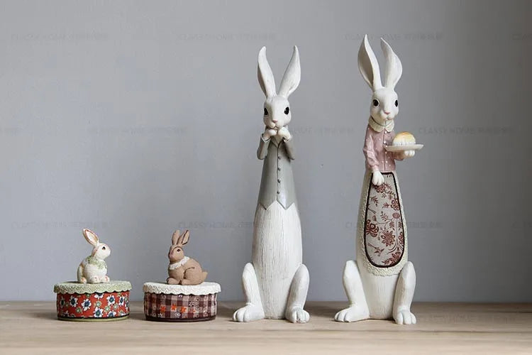 Country Rabbit Couple Ornaments – Hand-Painted Resin Figures for Easter or Year-Round Rustic Home Décor