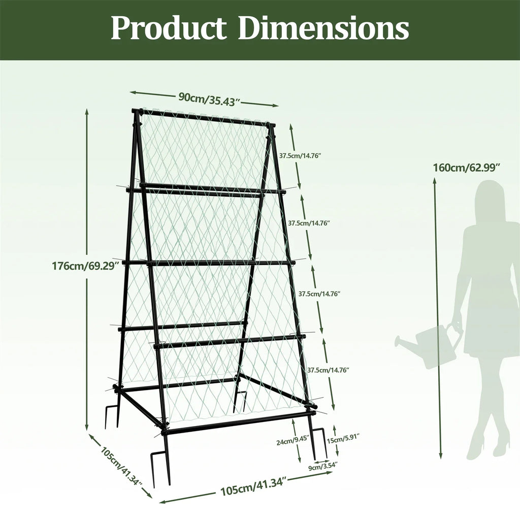 Metal A-Shaped Garden Arch Trellis for Climbing Plants Vegetable Cucumber Support Frame with Nylon Netting, Four Ground Spikes