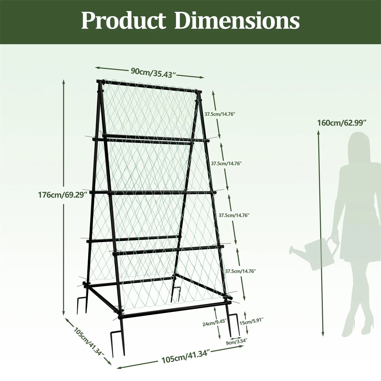Metal A-Shaped Garden Arch Trellis for Climbing Plants Vegetable Cucumber Support Frame with Nylon Netting, Four Ground Spikes