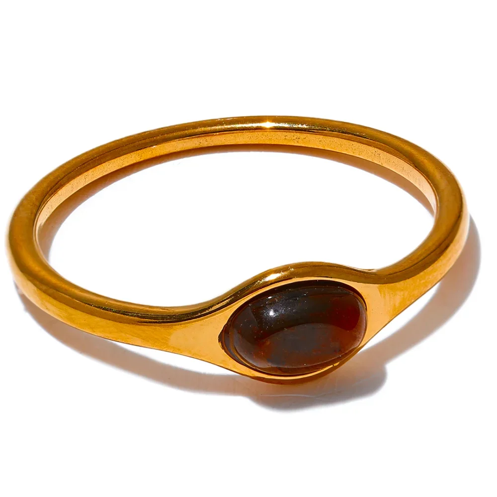 Yhpup Fashion Natural Stone Stainless Steel Oval Thin Chic Ring Women 18K PVD Plated Waterproof Jewelry Accessories 2024 Gift