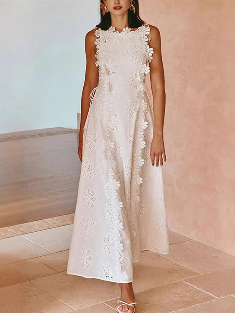 Embroidery Flower Patchwork Long Dress For Women Round Neck Sleeveless Lace Up High Waist Spliced Slim Dresses 2025 Summer New