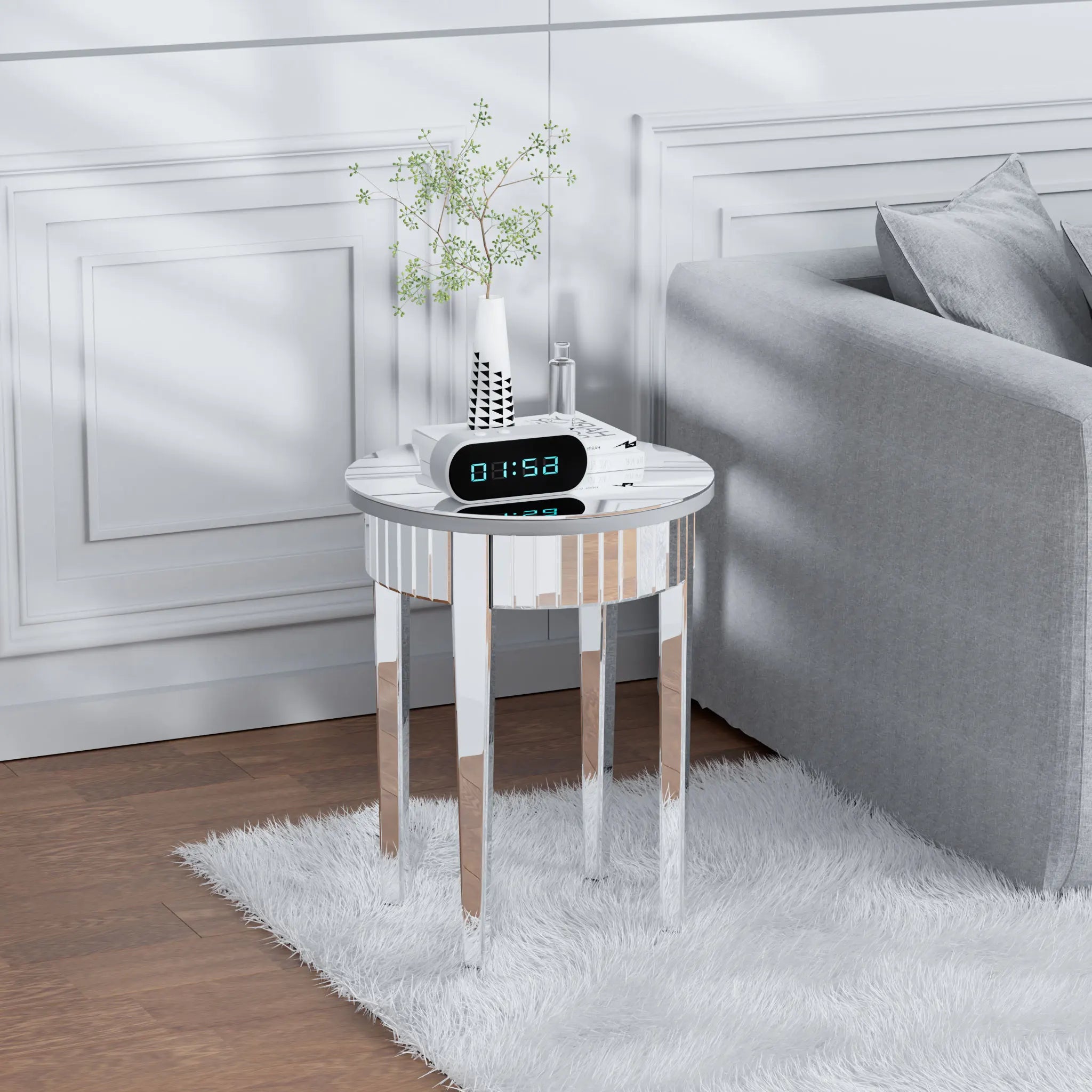 Mirrored Side End Table with Geometric Legs, Modern Furniture for Hallway, Living Room and Bedroom