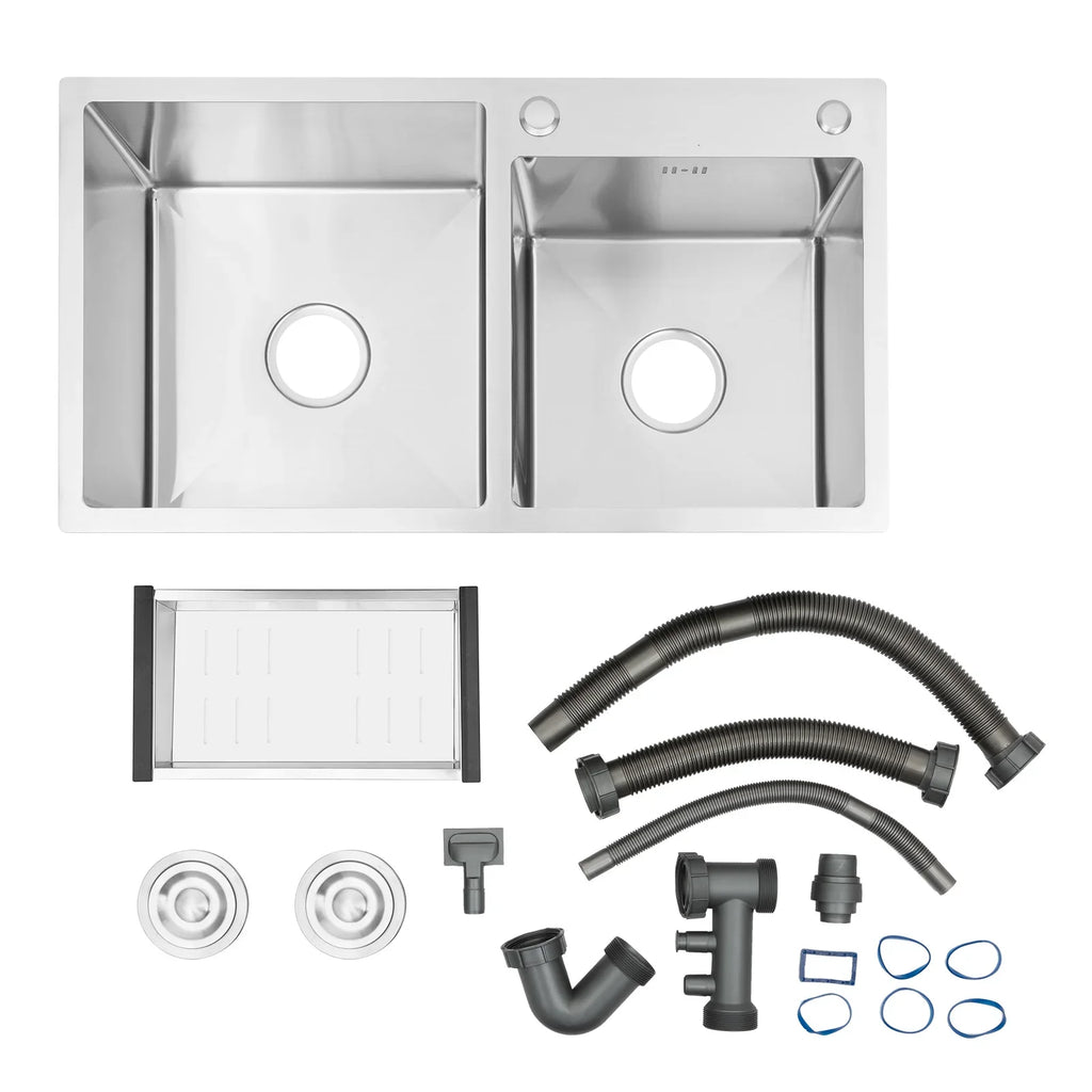 Kitchen Sink Stainless Steel Double Bowl Anti Corrosion Soundproof with Draining Basket and Sewer