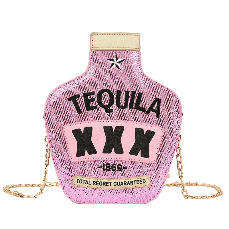 Ladies Fashion Creative Funny Personalized Laser Sequin Letter Wine Bottle Crossbody Shoulder Bag