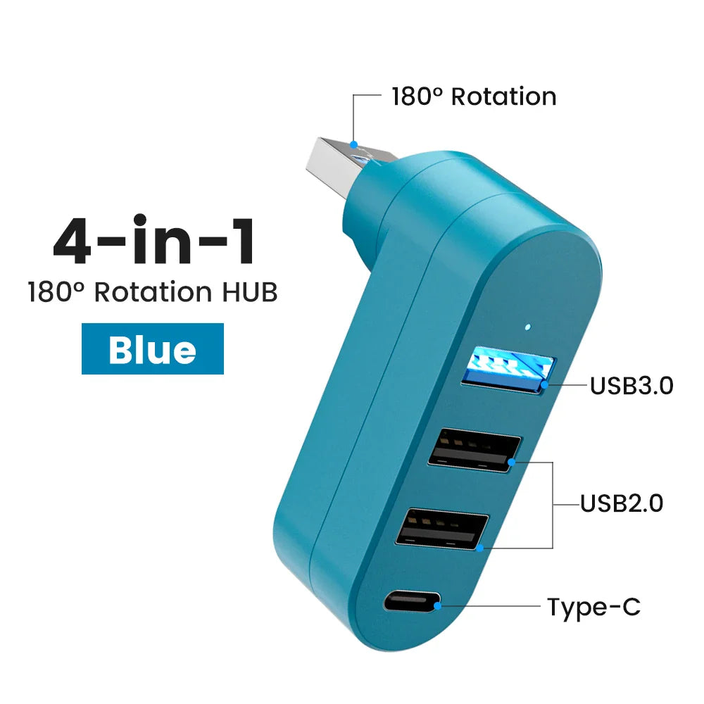 Elough Mini 180° Rotatable 4 Ports USB 3.0 2.0 Hub Type C High Speed Data Transfer U Disk Splitter Adapter For Laptop MacBook PC