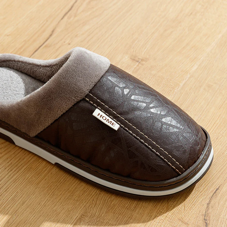 Men's Big Size Winter slippers Indoor PU Leather Home Waterproof Fluffy Casual Slides Men Bedroom Comfy Shoes Houseshoes