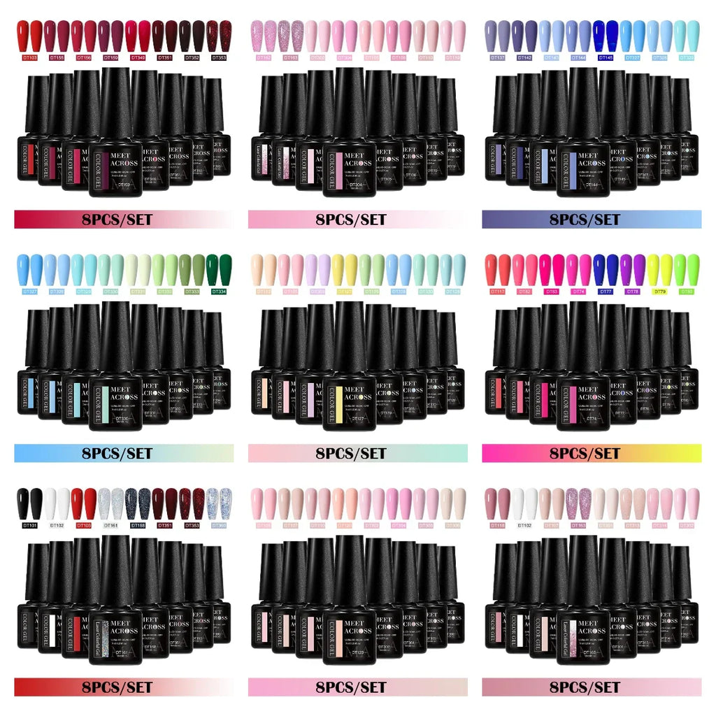 MEET ACROSS 8Pcs/Set Gel Nail Polish Set for All Season Neon Marcaron Green Red Series UV Gel Varnish Manicure Kit Nail Supplies