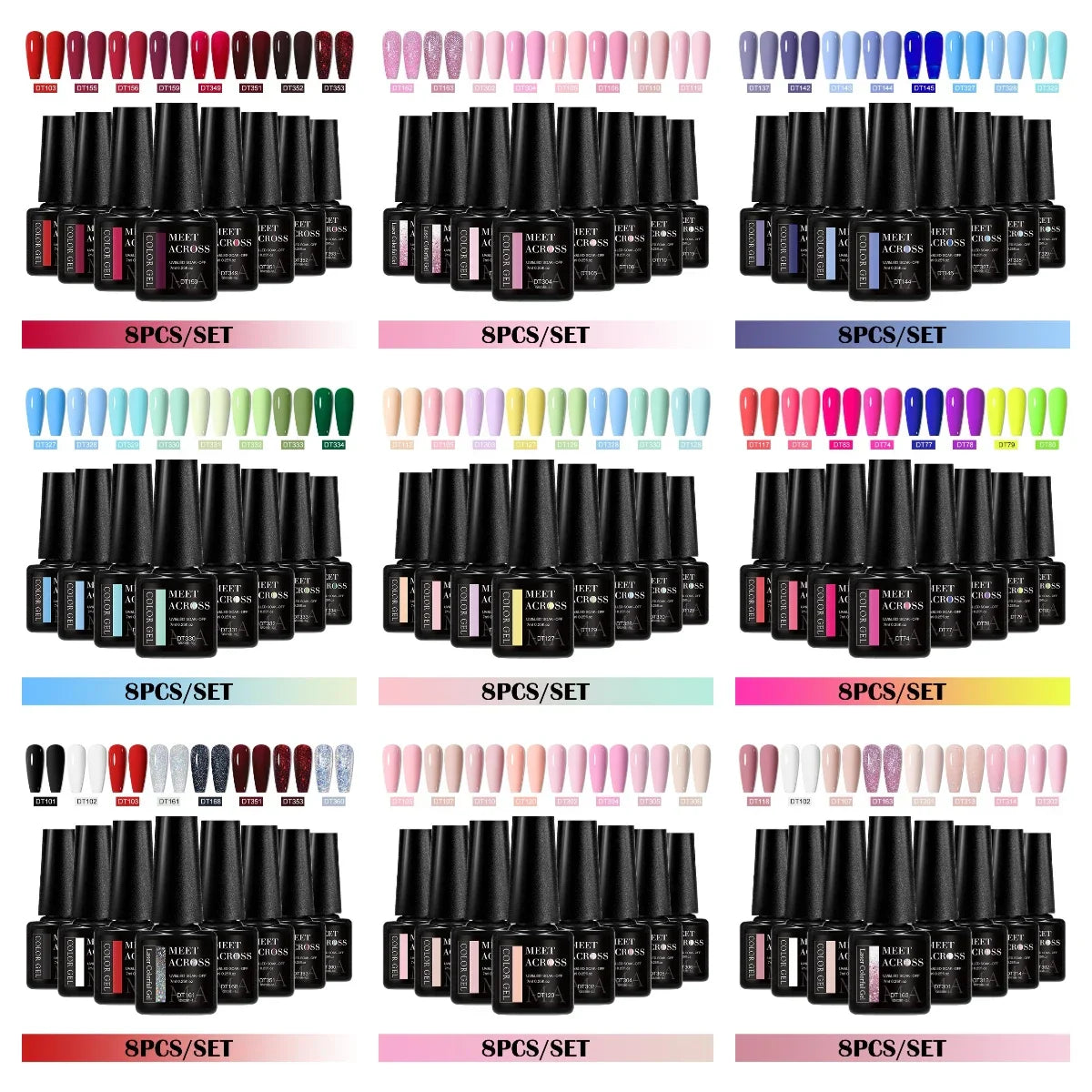 MEET ACROSS 8Pcs/Set Gel Nail Polish Set for All Season Neon Marcaron Green Red Series UV Gel Varnish Manicure Kit Nail Supplies