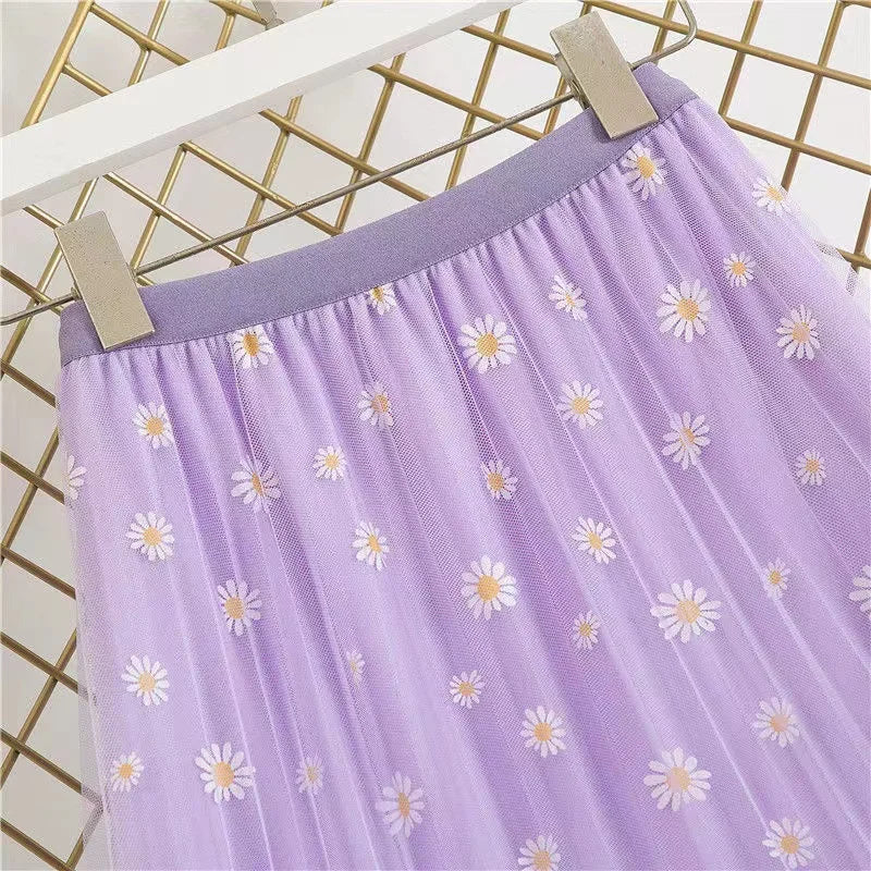 Skirts Women Tender Sweet Korean Style Printed Lady Mesh Ins Classy All-match College Elegant Popular Lovely Girls Stylish Charm
