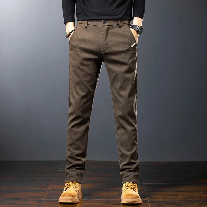 Men’s Slim Straight Stretch Twill Trousers – Smart Casual Cotton Pants