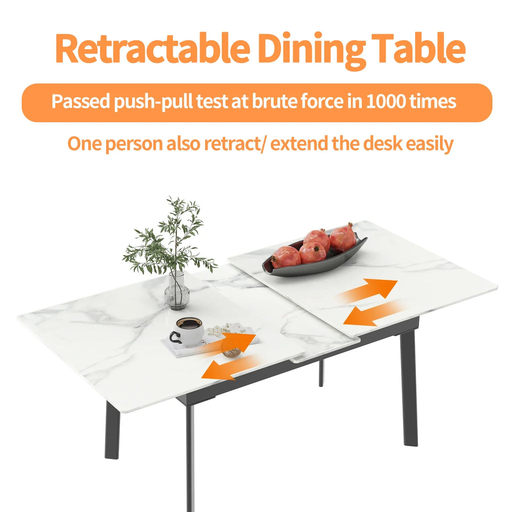 Kitchen Extendable Dining Table Stretchable 130-160cm High Gloss Marble Steel Legs Leaf Table for 4-8 People
