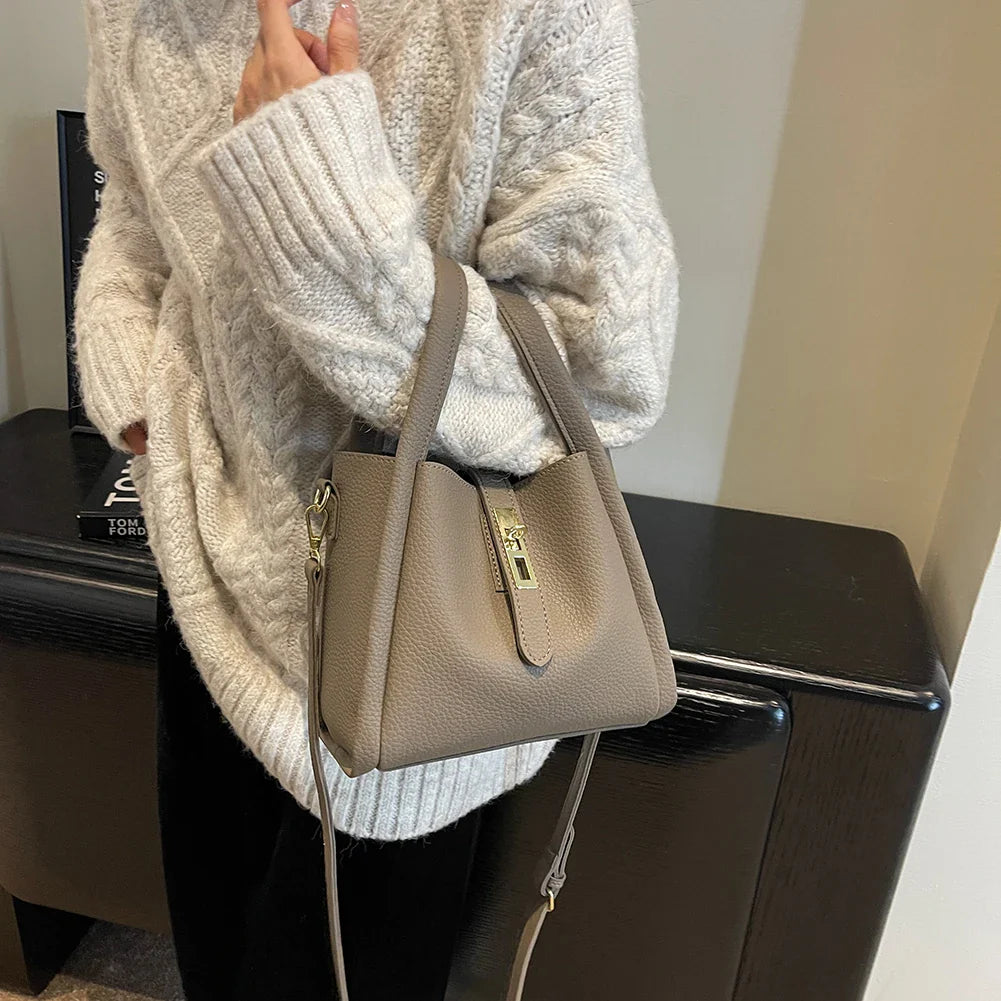 Luxury PU Leather Bucket Bag for Women Large Capacity Handbag with Inner Bag Double Handle Magnetic Closure Shoulder Bag Satchel