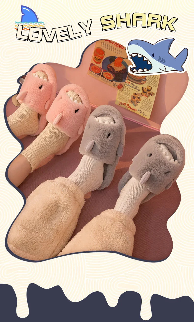 Comwarm Autumn And Winter Cartoon Shark Wool Slippers For Women Soft Home Men's Indoor Household Open Toe Plush Cotton Slippers