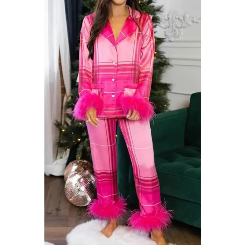 Women's Christmas Tree Plaid Satin Print Pajama Set Autumn Winter Home Sleepwear Long Sleeve Ankle-Length Pants Mid-Waist