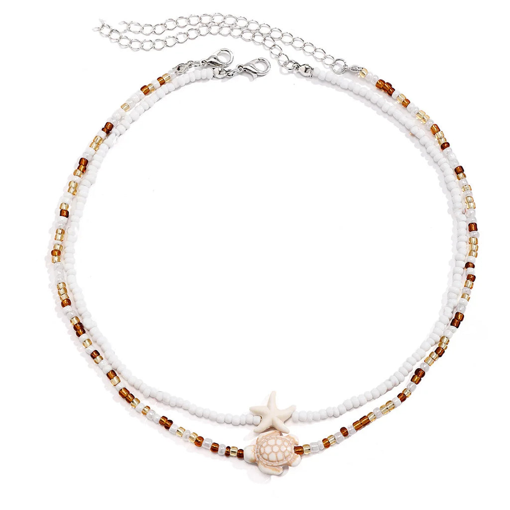 Tidepool Starfish Necklace - Surf & Beach Boho Jewelry Starfish Turtle Beaded Choker Necklaces, Adjustable Necklaces, Ocean Gift