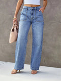 Women’s Wide Leg Cargo Jeans – Mid-Waist Straight Leg Denim with Multi Pockets