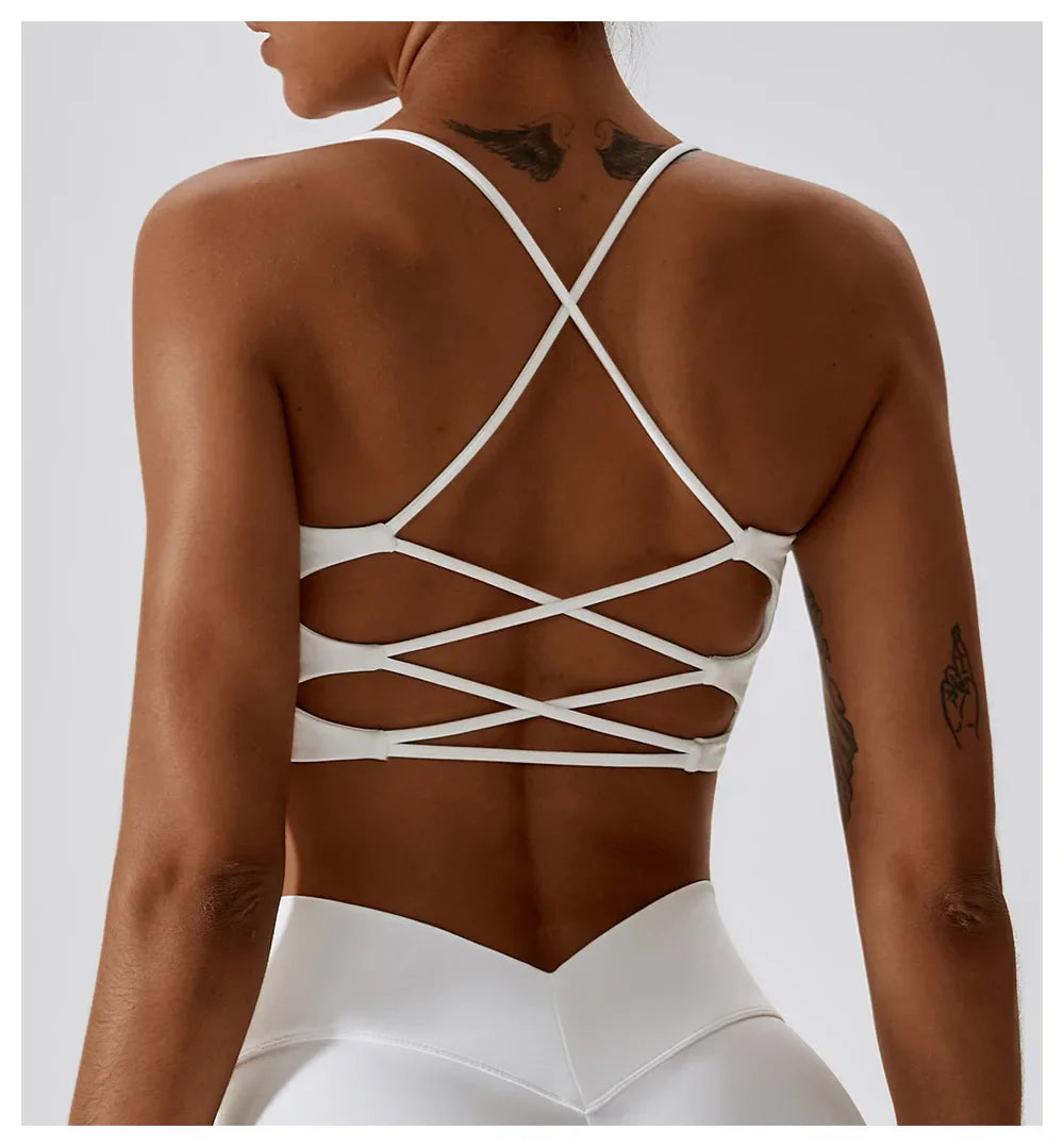 Solid Color U-Shaped Multi-Strap Cross Back Women Fitness Sports Bra Top Gym Yoga Athletic Tight Workout Jog Soft With Chest Pad