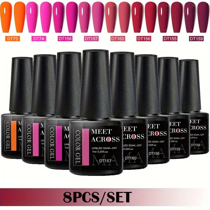 MEET ACROSS 8Pcs/Set Gel Nail Polish Set for All Season Neon Marcaron Green Red Series UV Gel Varnish Manicure Kit Nail Supplies