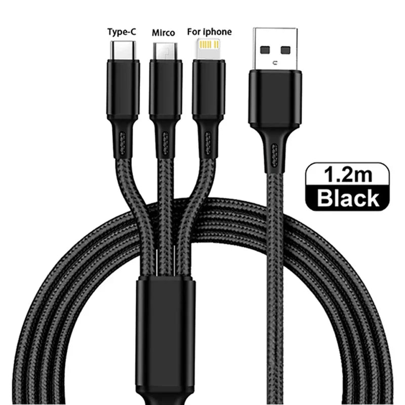 3 In 1 USB Charger Fast Charging Cable Type C Micro IOS Multi Charger Cable for iPhone Huawei Samsung Nylon Braided Cord