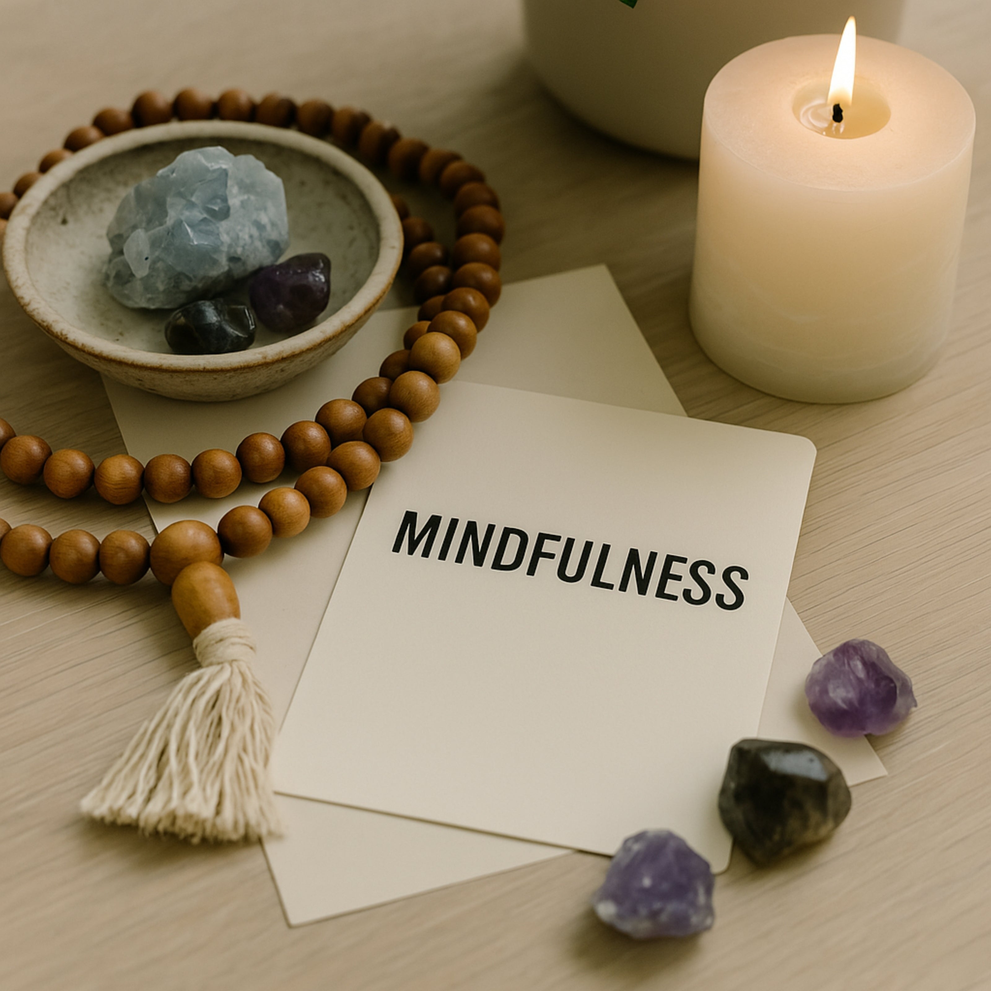 Mindfulness Stock Photo - Crystals, Mala Beads & Candle | Spiritual  for Canva, Social Media, Website | JPG Download