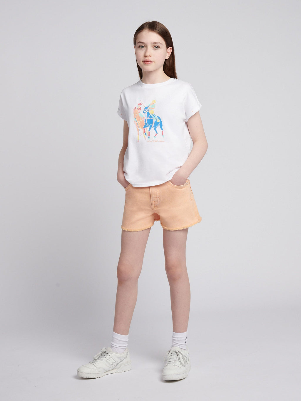 Girls Wash Denim Shorts in Peach Nectar