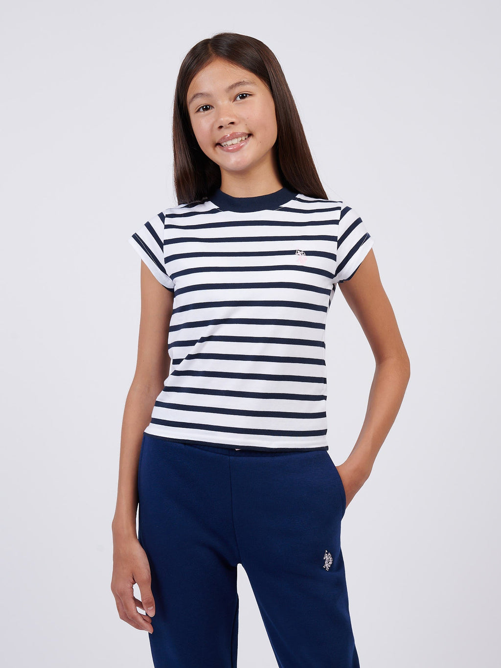 Girls Stripe Cap Sleeve T-Shirt in Navy Iris