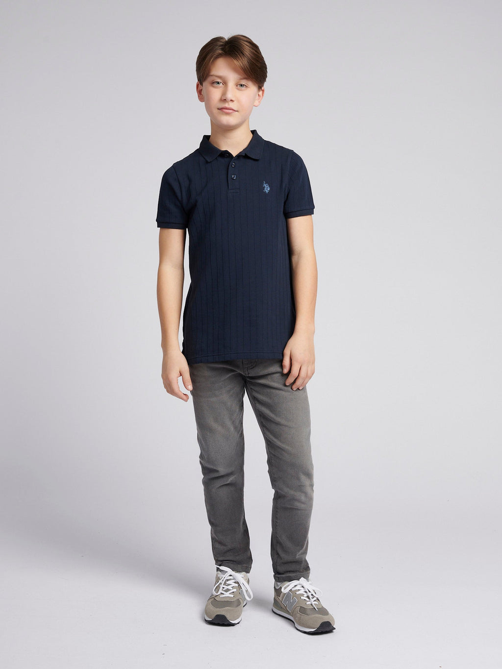 Boys Wide Rib Polo Shirt in Dark Sapphire Navy / Moonlight Blue DHM