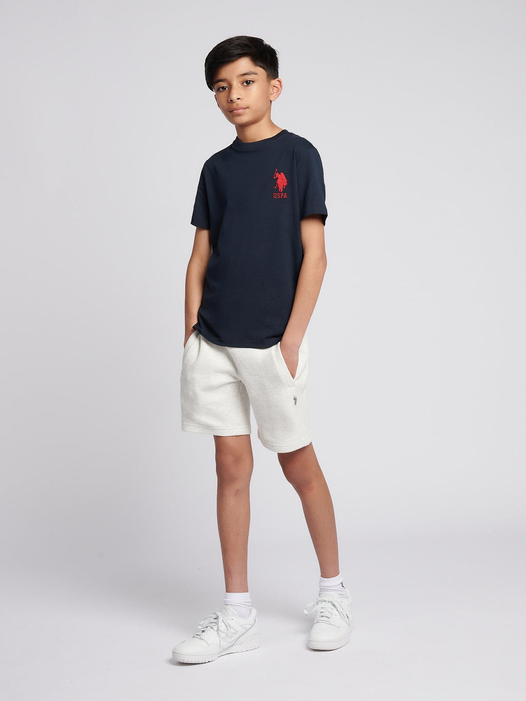 Boys Double Horsemen Herringbone Sweat Short in Light Grey Marl