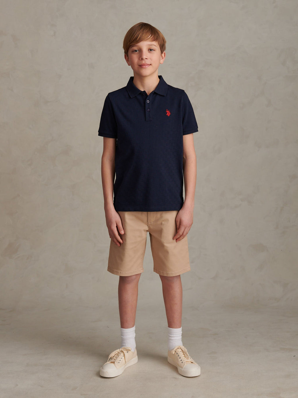 Boys Check Texture Polo Shirt Dark Sapphire Navy / Haute Red DHM