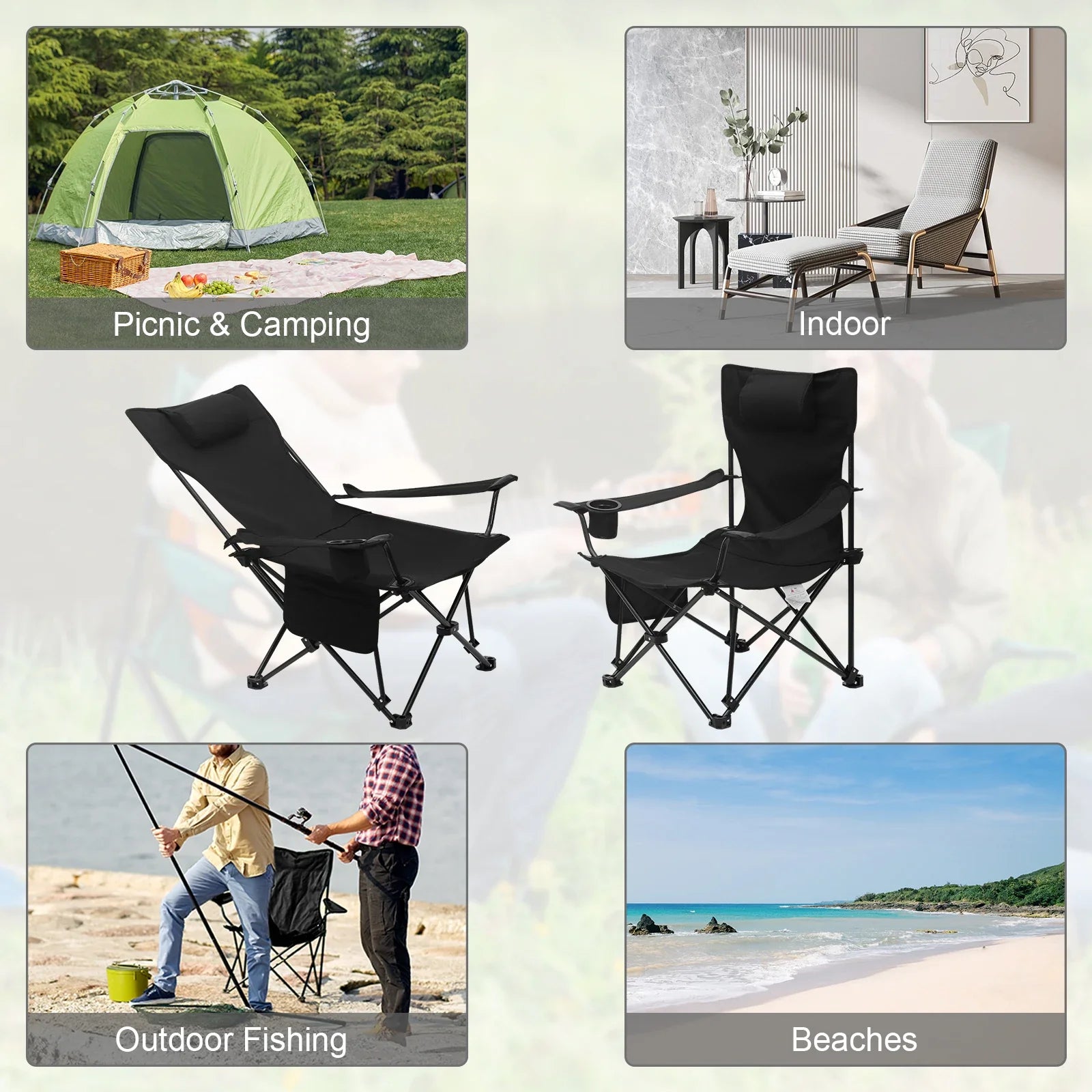 Folding Camping Chair  Lightweight Outdoor Chair Fishing Chair with Headrest Cup Holder Storage Carry Bag for Hiking Picnic Beac