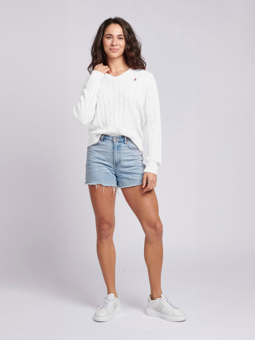 Womens V-Neck Cable Jumper Marshmallow