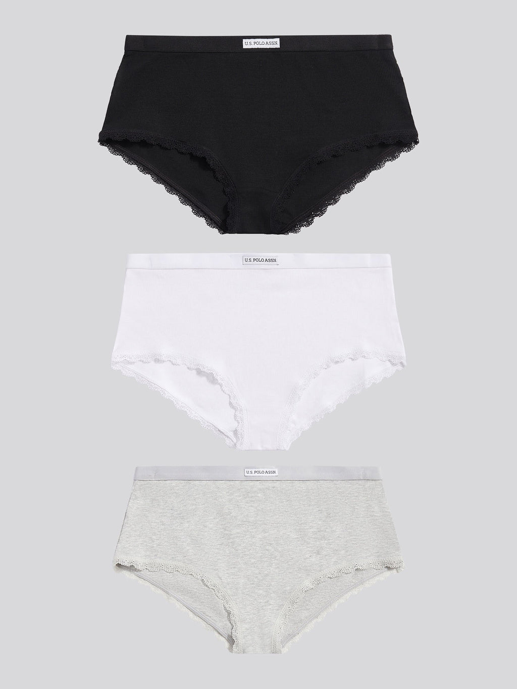 Womens 3 Pack Lace Trim Rib Shortie in Black / White / Grey