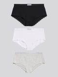 Womens 3 Pack Lace Trim Rib Shortie in Black / White / Grey