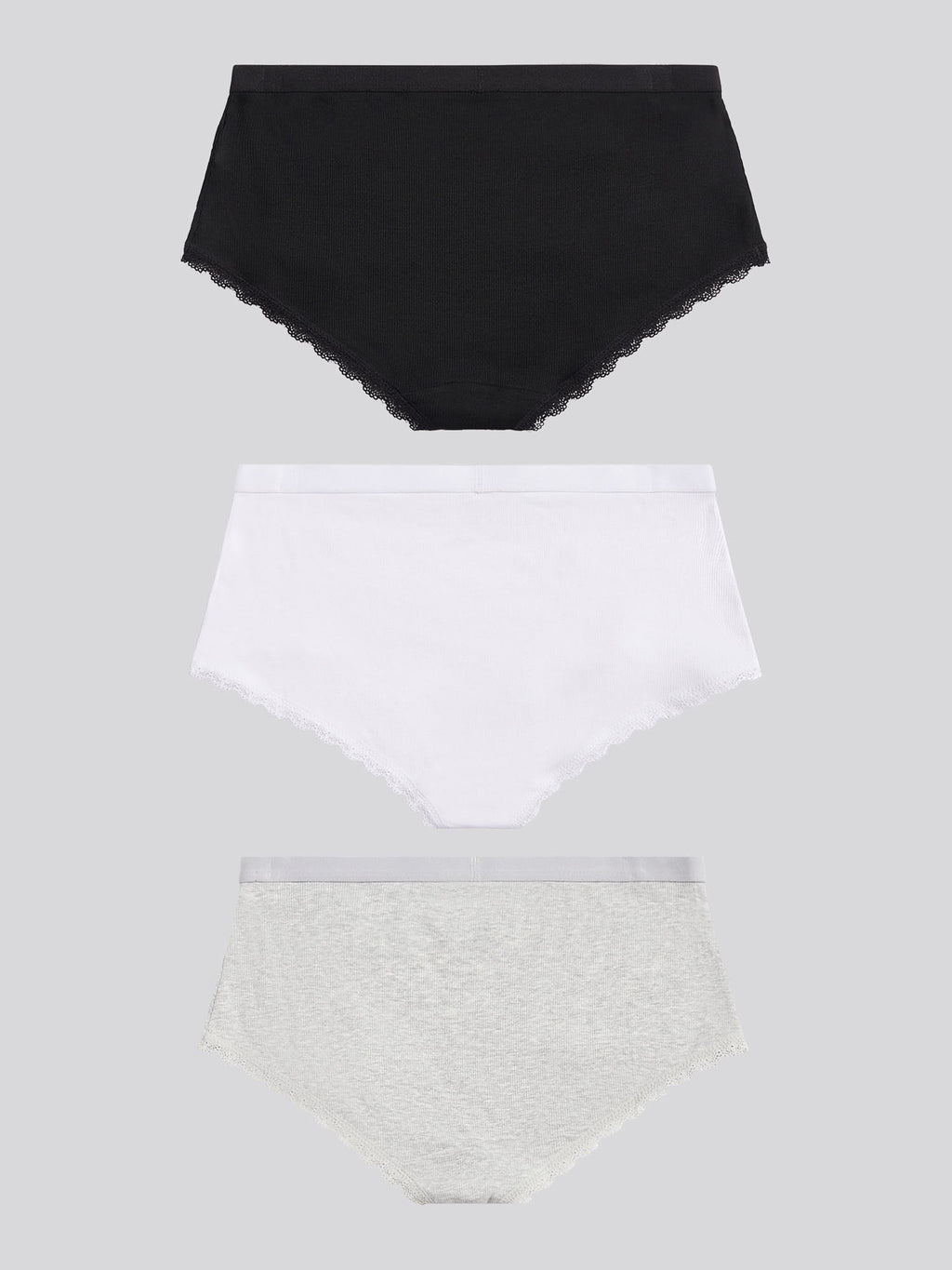Womens 3 Pack Lace Trim Rib Shortie in Black / White / Grey