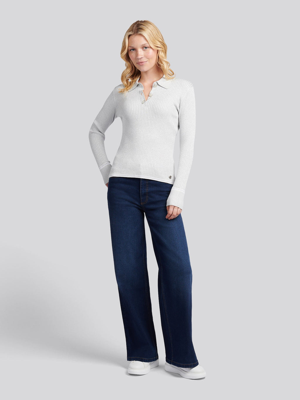 Womens Lurex® Rib Polo Knit in Pearl Grey Marl
