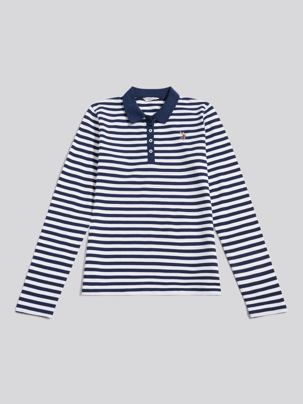 Womens Long Sleeve Stripe Contrast Collar Polo Shirt in Navy Iris