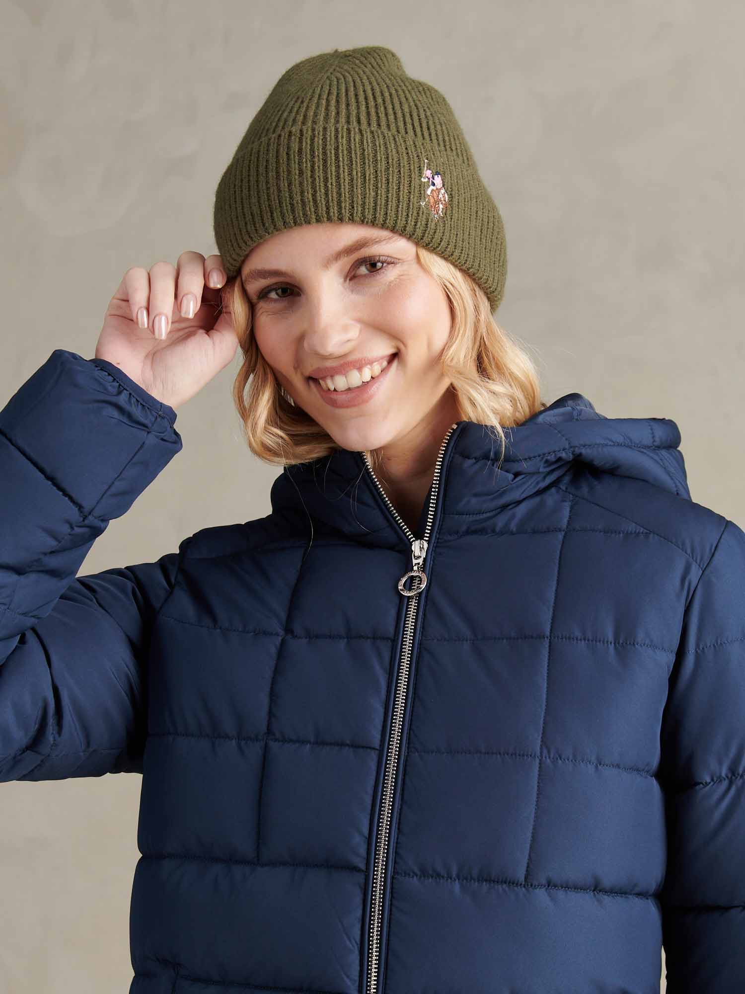 Womens Multicolour Double Horsemen Knit Beanie in Kalamata Green