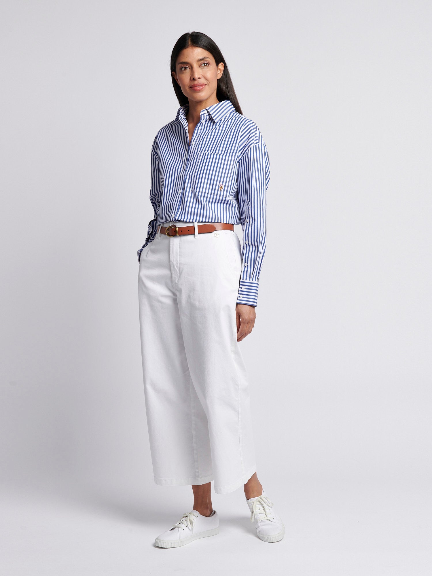 Womens Cotton Poplin Loose Fit Stripe Shirt in Regatta Blue