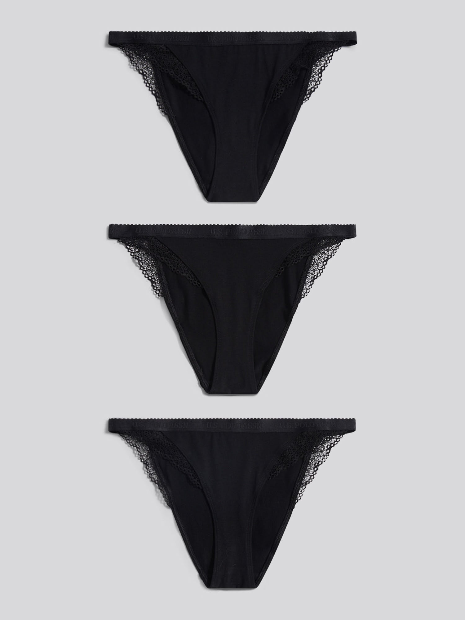 Womens 3 Pack Scallop Edge Lace Trim Bikini Brief in Black