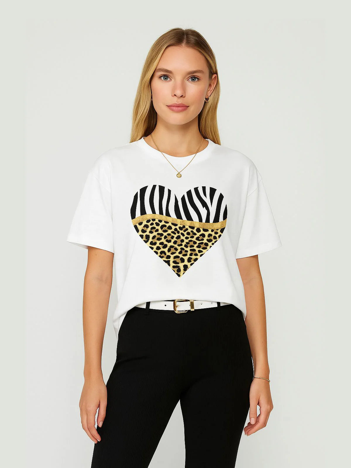 Ladies Tiger Leopard Heart Oversized T-Shirt
