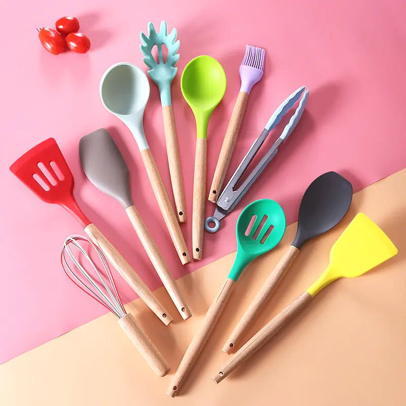 11-Piece Colourful Silicone Kitchen Utensil Set with Storage Bucket