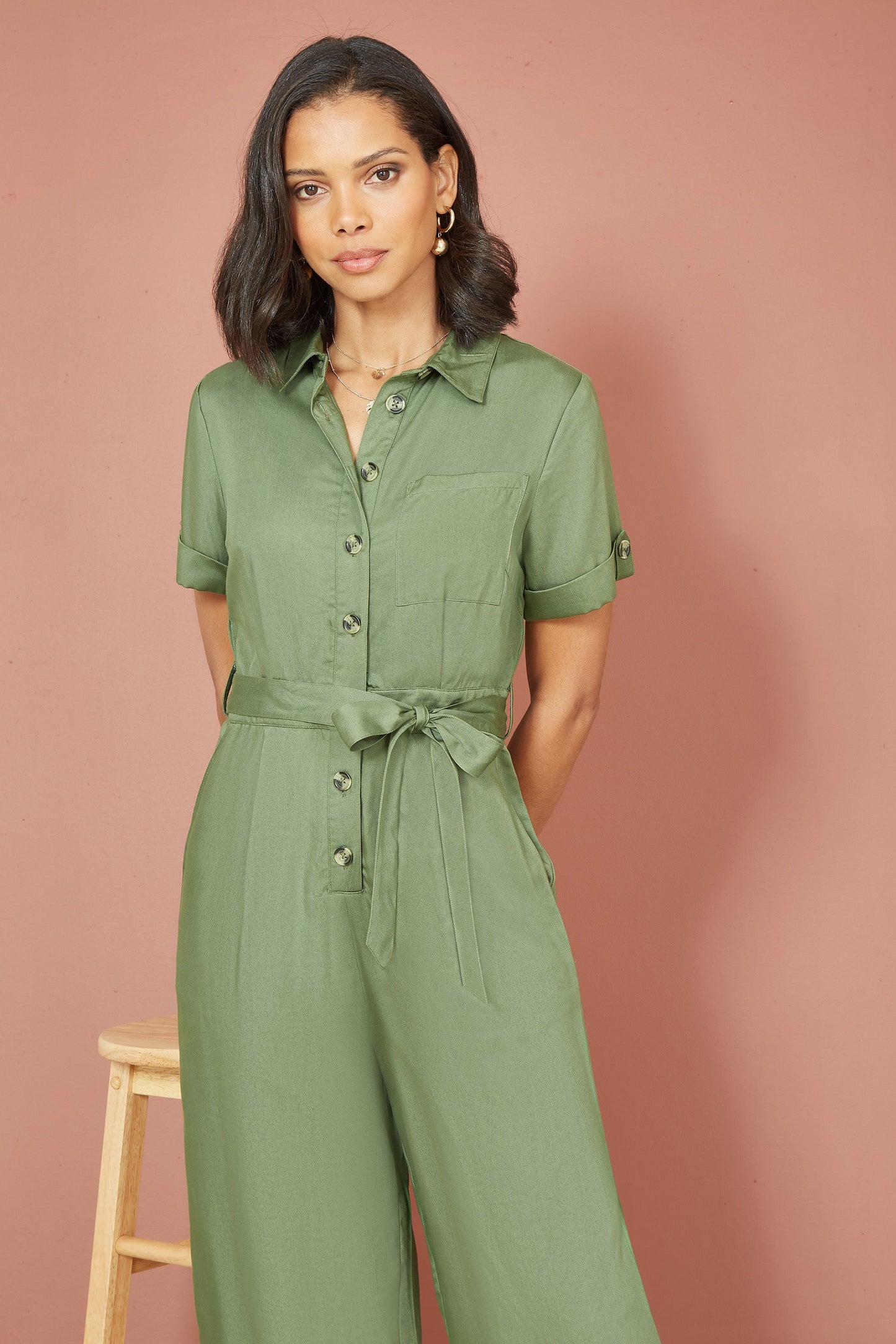 Yumi Green Twill Viscose Utility Jumpsuit