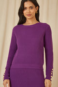 Yumi Purple Rib Knitted Jumper With Sleeve Button Detail