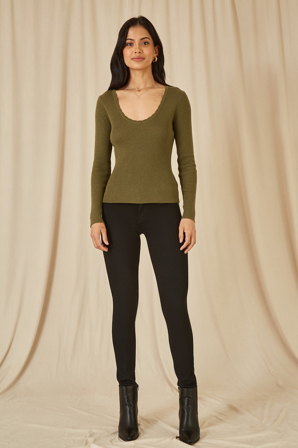 Yumi Green Metallic Knitted Ribbed Top