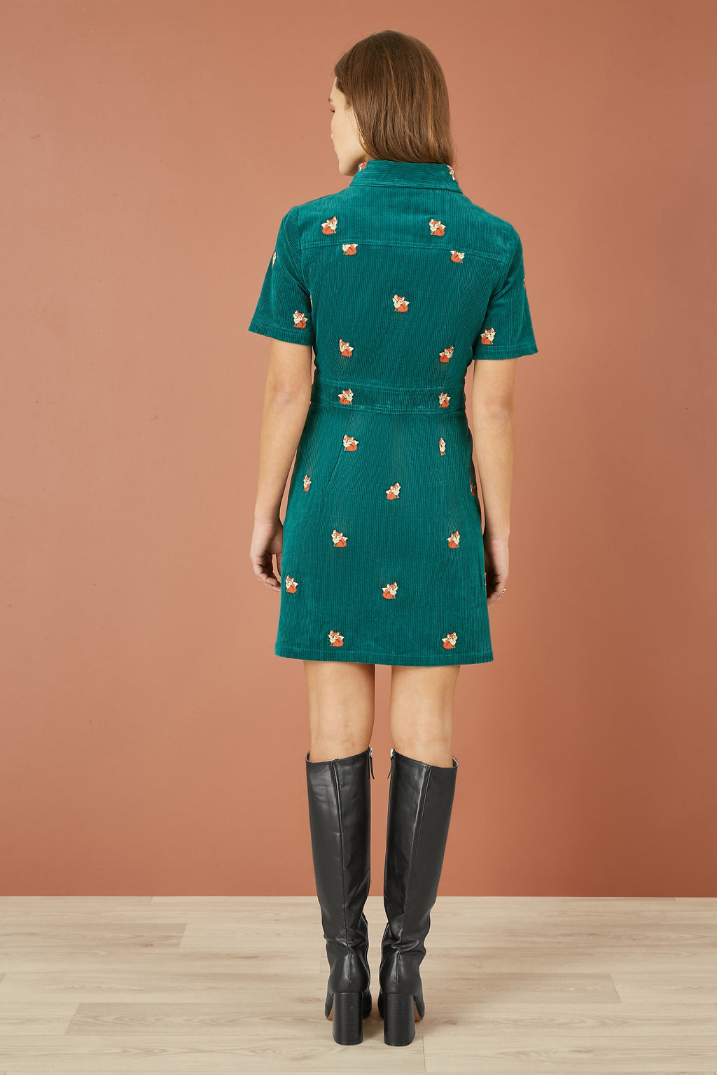 Yumi Teal Cord Shirt Dress With All Over Fox Embroidery