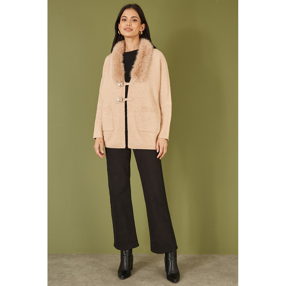 Yumi Oatmeal Cardigan With Detachable Fur Collar Trim