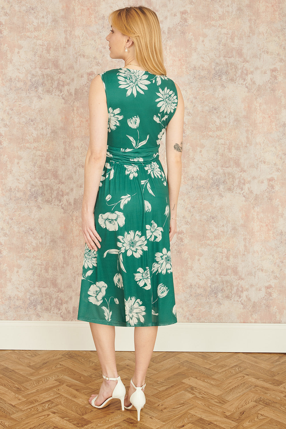 Yumi Green Floral Pleated Midi Wrap Long Sleeve Dress