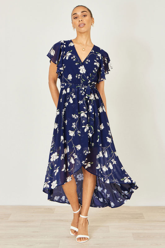 Yumi Navy Floral Wrap Midi Dress With Frill Hem